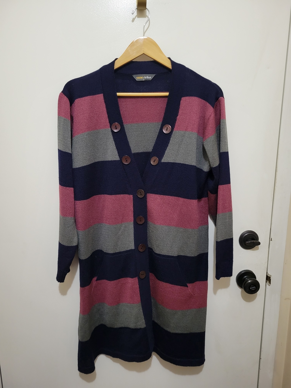 Yazici Triko Striped Long Button-Front Cardigan Sweater - Navy, Pink & Gray - L